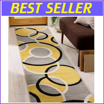 Machine-Made Abstract Circles Runner Rug - 2' x 10' in Stain Resistant Yellow - Image 1 of 4