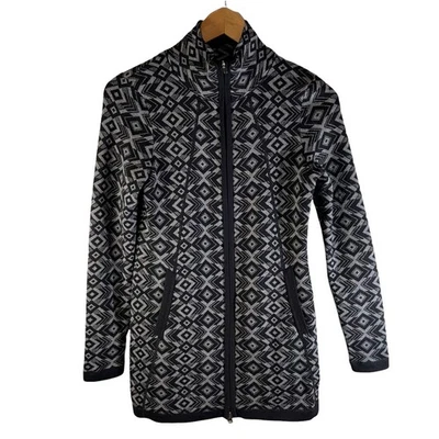 Chaqueta tejida Artisan NY para mujer con estampado nativo azteca cremallera completa negra gris XS Boho Foto 1 de 4