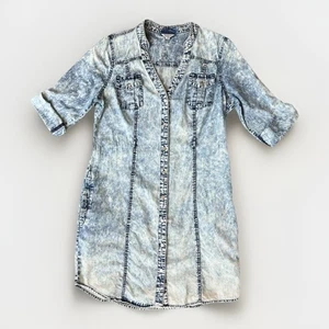 Acid Wash Dress L Button Front Western Vibe Guess Denim Roll Sleeves. Retro - Picture 1 of 8