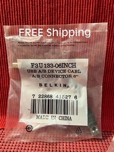 4 Pks ~ BELKIN 6" USB A/B Device Cable, A/B Connector ~ Black F3U133-06INCH *NIP - Picture 1 of 5