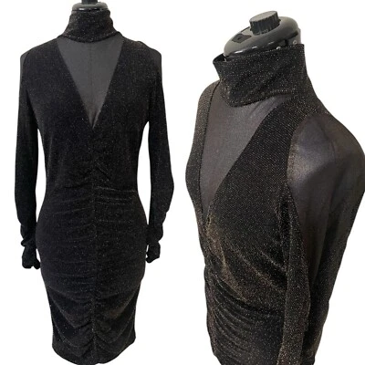 VTG Venus Black Gold Metallic Sheer Ruched Bodycon Mini Dress Y2K Goth M/L - Image 1 of 4