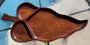 Hand Carved Mahogany Wood Tray Chili Pepper 3 Section 22.5" Haiti Boho Vintage - Picture 1 of 23