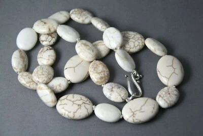 Howlite White 18mm x 25mm Oval Silk Knotted Hand Tied Gemstone Necklace 22" - Image 1 of 4