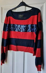 Marineblau und rot langärmeliger kurz gestreifter Pullover Größe L mit Paillettenstreifen  - Bild 1 von 11