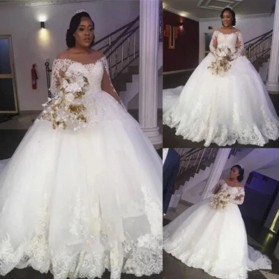 African White Wedding Dresses Lace Long Sleeves Plus Size Princess Bridal Gowns - Image 1 of 4