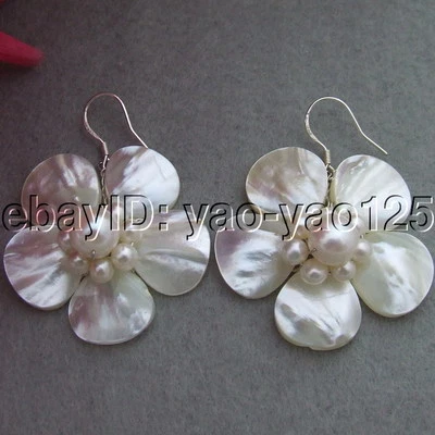 handmade White Mother Of Pearl Shell Silver Hook Earrings dangle free shipping - Image 1 of 2
