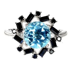 Anello in argento sterling 925 tondo topazio blu 8 mm spinello gemma... - Foto 1 di 14