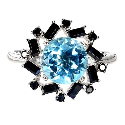 Anello in argento sterling 925 tondo topazio blu 8 mm spinello gemma... - Immagine 1 di 4