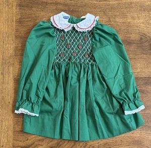 Vintage Polly Flinders 3T Girls Green/red Christmas Smocked Ruffle Dress - Picture 1 of 7