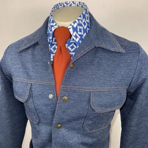 Vintage 60s 70s Jacket Leisure Suit Polyester Denim Disco Coat Mod Mens Medium - Picture 1 of 18