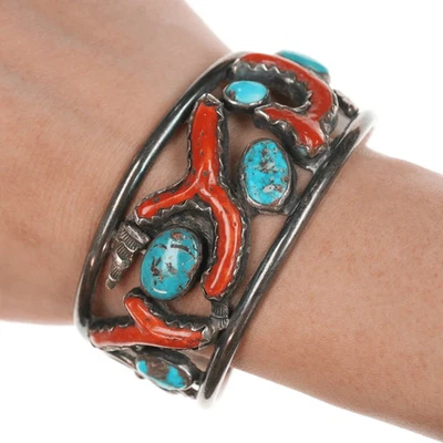 7" Bobby Lujan Taos Pueblo (1922-2012) Sterling, turquoise, and branch coral cu - Image 1 of 4