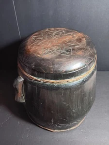 LARGE LOTUS Vintage Antique Wood Rice Barrel Bucket Bin Asian - GREAT DECOR - Picture 1 of 8