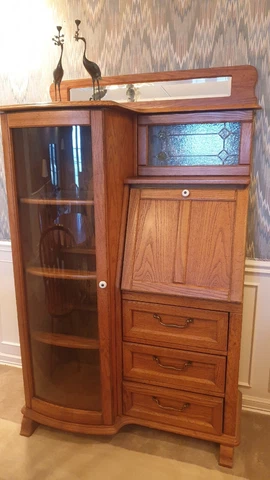 Solid Oak Lead Glass Secretary Curio Book Cabinet and Matching Sideboard Cabinet Cover