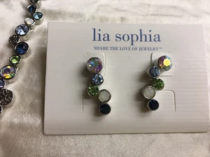 Lia Sophia “Happy Hour” Blue/Green/White Cut Crystals Silver Tone Drop Earrings - Picture 1 of 1