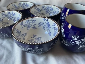 8 Piece Bowl And Cup Set Blue Floral Lace Temp-tations By Tara - Picture 1 of 6