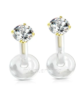 16G Bio Flex Push-In 2mm 3mm Prong Set Gem Top Labret Monroe Tragus 1/4" 5/16" - Picture 1 of 4
