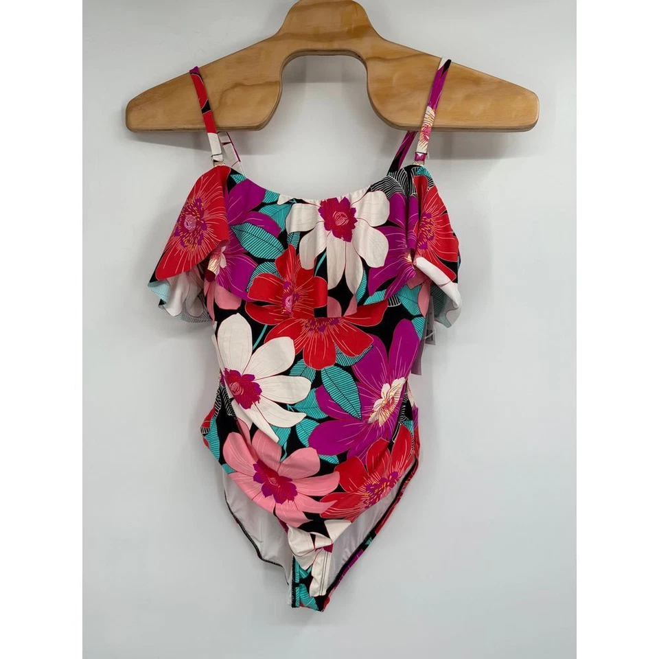 $135 La Blanca Women's Red Purple Tropical Ruffle One-Piece Swimwear NWT 18W - Image 1 of 4
