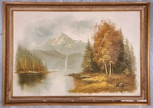 BOB ROSS STYLE VINTAGE OIL PAINTING AUTUMN FALL TREES MOUNTAIN WATERFALL 24x36 - Picture 1 of 8