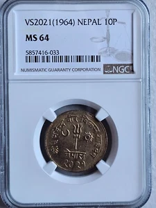 Nepal 10 Paisa 1964 VS 2021 NGC MS 64 - Picture 1 of 2