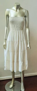 VESTIDO BOHO FALDA VOLANTES FRUNCIDOS SIN TIRANTES CRUDO MEZCLA LINO ALGODÓN talla M - Imagen 1 de 5