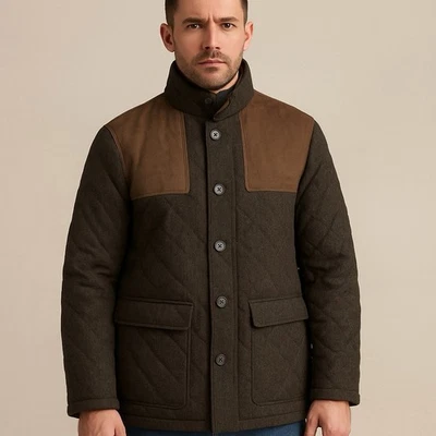 Hart Schaffner Marx Men’s XL Quilted Wool Blend Jacket Brown Suede Shoulder Coat - Image 1 of 4