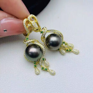 stunning10-11mm tahitian roundblack green pearl dangle earring 925s(t)