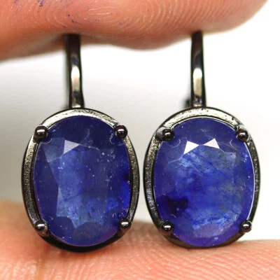 925 Sterlingsilber 7 x 9 mm Blaue Saphir Ohrringe Schwarz Gold Beschichtet - Bild 1 von 4