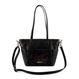 L'ARTISTE-HB-FANTOTESTIC-RZ BLACK LEATHER MULTI TONED EMBOSSED FLORAL TOTE - Picture 1 of 6