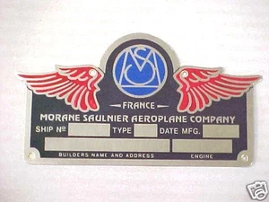 Morane Saulnier Aircraft WW1 deep acid etched brass or alum. data plate. CHOICE - Picture 1 of 3