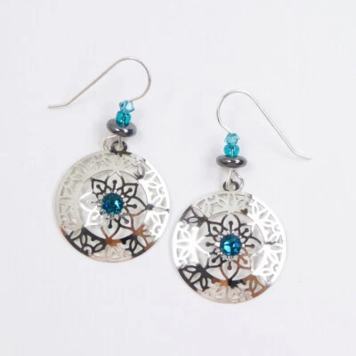 Adajio Earrings Shiny Silver Tone Cutout Mandala Disc with Green Beads 8058 - Image 1 of 4