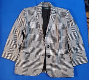 Lauren Ralph Lauren Houndstooth Plaid Print Button Up Down Blazer Jacket Size 14 - Picture 1 of 19