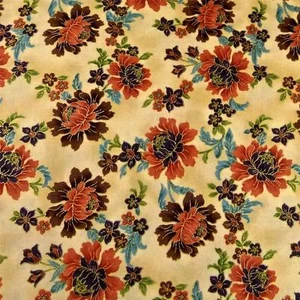 Metallic Gold Etched Peach Floral on Cream, Cotton Fabric by Hoffman - Picture 1 of 7