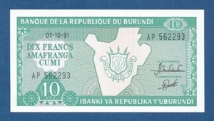 BURUNDI -- 10 FRANCS ( 1.10.1991 ) -- UNC -- PICK 33b . - Picture 1 of 2