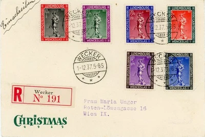 Luxembourg SEMIPOSTALS-Sc#B79~84(complete set)-FIRST DAY-WECKER-1/12/37-REGISTER - Image 1 of 2