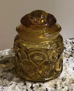 LE Smith Canister & Lid Pressed Amber Glass Moon & Stars 5” Tall Vintage - Picture 1 of 3