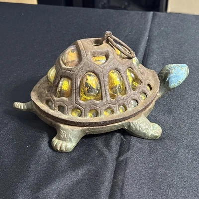 Vintage Cast Iron Turtle Bubble Glass Tea Light Candle Lantern Lamp.  DAMAGED - Image 1 of 4