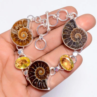 Ammonite Fossil Citrine Gemstone Fashion Jewelry 925 Silver Bracelet 6-8"  - Image 1 of 3