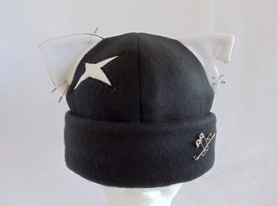 Kitty CAT ear HAT pin beanie BLACK & WHITE battle scar cosplay Easter HALLOWEEN - Image 1 of 4