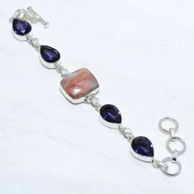 Brazalete Joyería Plata Hecho a Mano Piedra Solar Roja, Piedras Preciosas Amatista 7-8" BRJ14877 Foto 1 de 2