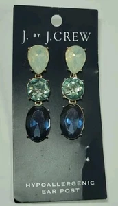 J. Crew Pear Shaped Triple Stone Dangle Bling Crystal Blue Ambre Earrings New - Picture 1 of 5