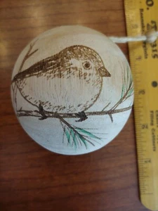 2.5" Rustic Hand Decorated Woodburn Bird Wood Ball Christmas Holiday Ornament - Picture 1 of 4