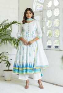 Beautiful White Anarkali Kurta Pant Sets Indian Festival Wear Long Flared Gown