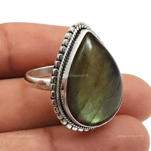Natural Labradorite 925 Silver Promise Statement Solitaire Bezel Ring Jewellery - Picture 1 of 9