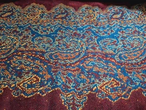 Woven Burgundy, Dark Turquoise  & Gold Shawl 72" X 26.75"Fringe on Both Ends - Picture 1 of 10