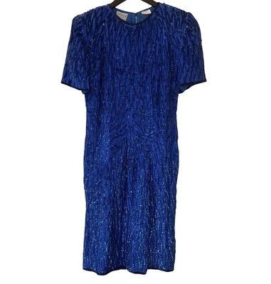 VTG Stenay Sequin Silk Blue Sheath Evening Dress Glam Cocktail Old Money Sz 8 - Image 1 of 4