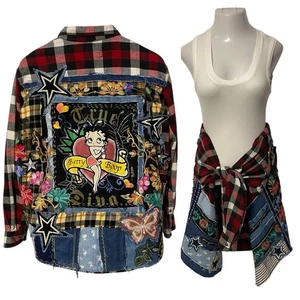 Upcycled Flannel Shirt Shacket Womens XL Betty Boop Grunge Patchwork Folk Art - Picture 1 of 17