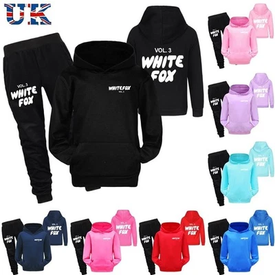 Kids Casual Hoodie Pants Suits White Print Fox Jumper Tops Trousers Tracksuit UK
