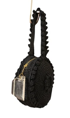 VINTAGE 1940’s Black Art Deco Crochet Circle Purse Lined w/Lucite Zipper Charm - Image 1 of 4