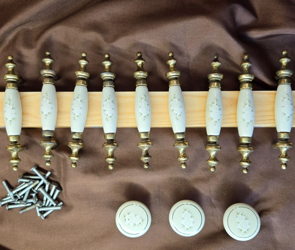 Vintage Floral Porcelain And Brass Drawer Pulls Set Of 12 4.75"-3" Center - Image 1 of 4
