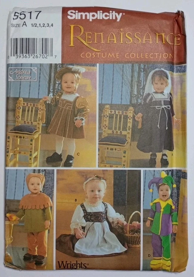 Simplicity 5517 Sewing Pattern Babies/Toddlers Renaissance Costumes Szs 1/2-4 UC - Image 1 of 4